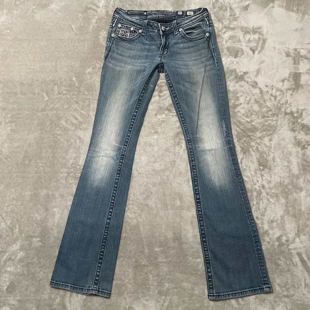 Miss Me Boot Cut Jeans with Embellished Back Pockets - Light Blue Denim - Picture 5 of 14